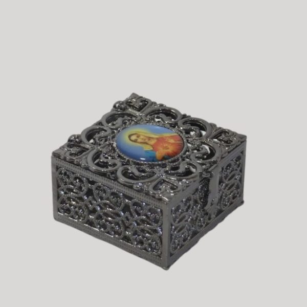 Caja metálica Virgen fondo azul